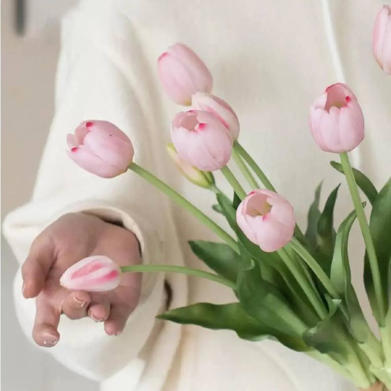 Mixed colour artificial tulip bouquet with green leaves