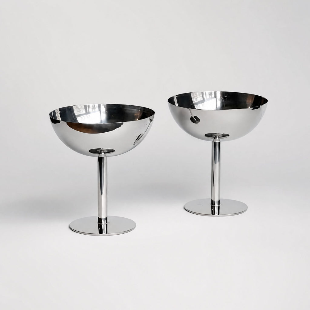 Silver stainless steel ice cream cup with a rounded bowl and pedestal base
