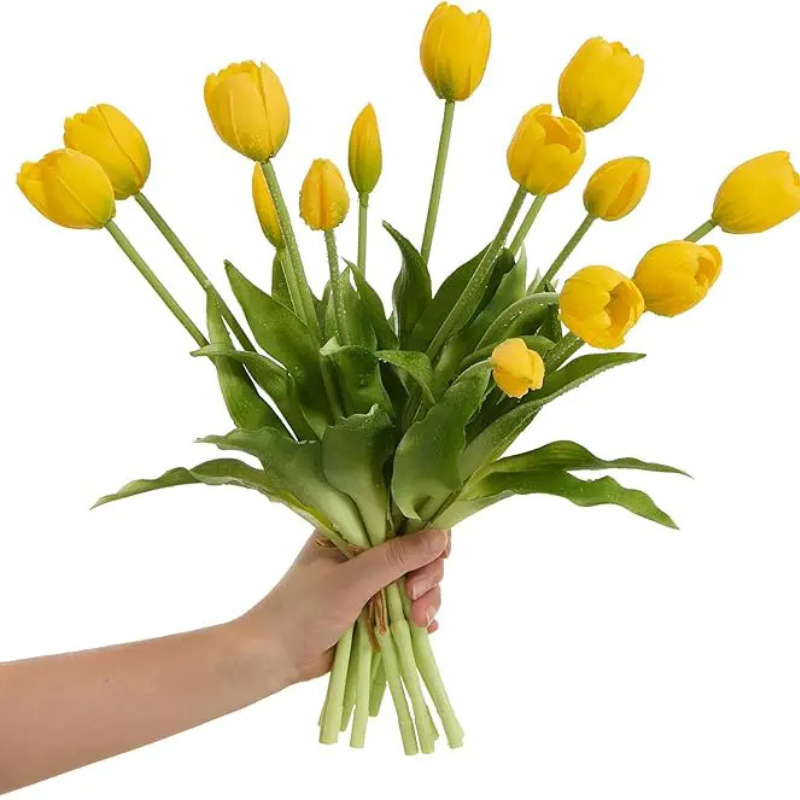Mixed colour artificial tulip bouquet with green leaves