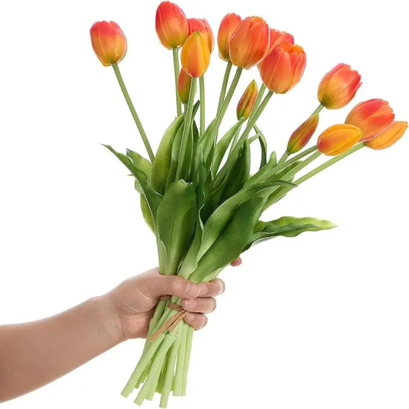 Mixed colour artificial tulip bouquet with green leaves
