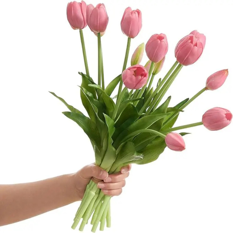 Mixed colour artificial tulip bouquet with green leaves