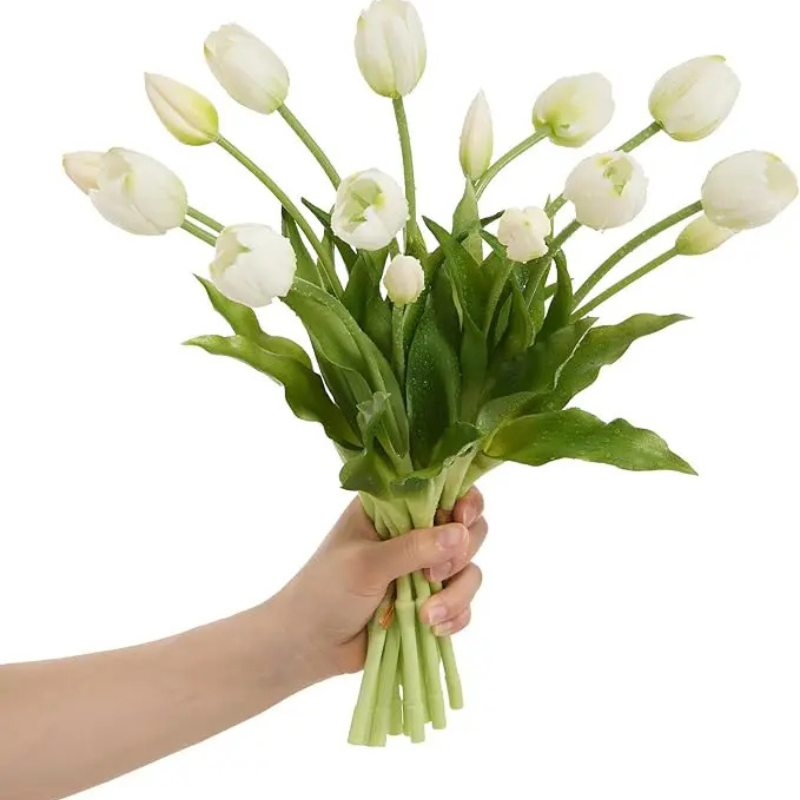 Mixed colour artificial tulip bouquet with green leaves