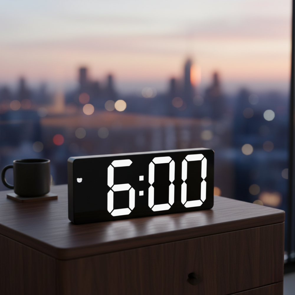 Digital alarm clock with LED time and temperature display on a bedside table