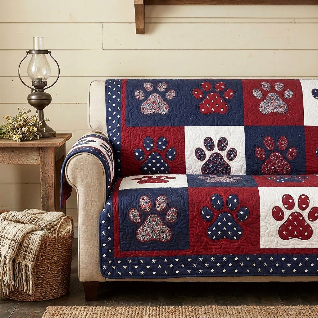 Blue red and white quilted sofa cover with paw prints and stars