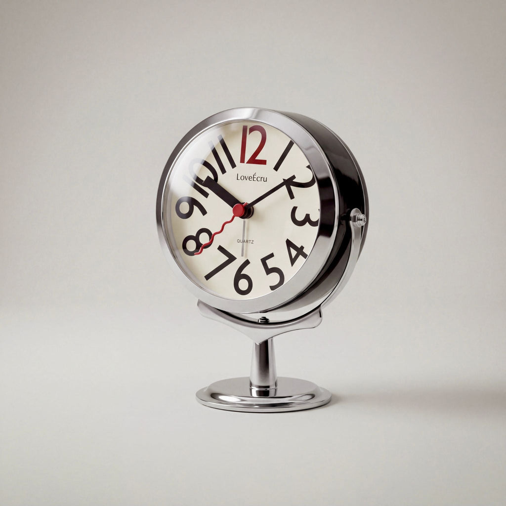 Freestanding analogue alarm clock with bold numbered dial and chrome effect stand