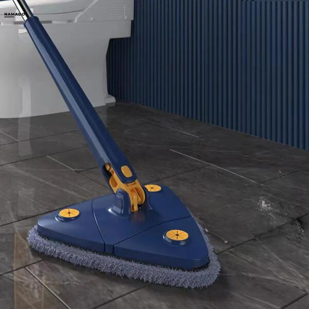 Blue 360-degree rotating floor mop with grey microfibre cloths