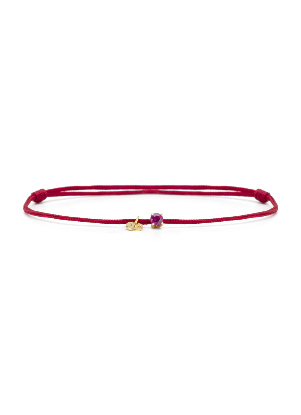 Red cord bracelet with ruby and yellow gold disc charm