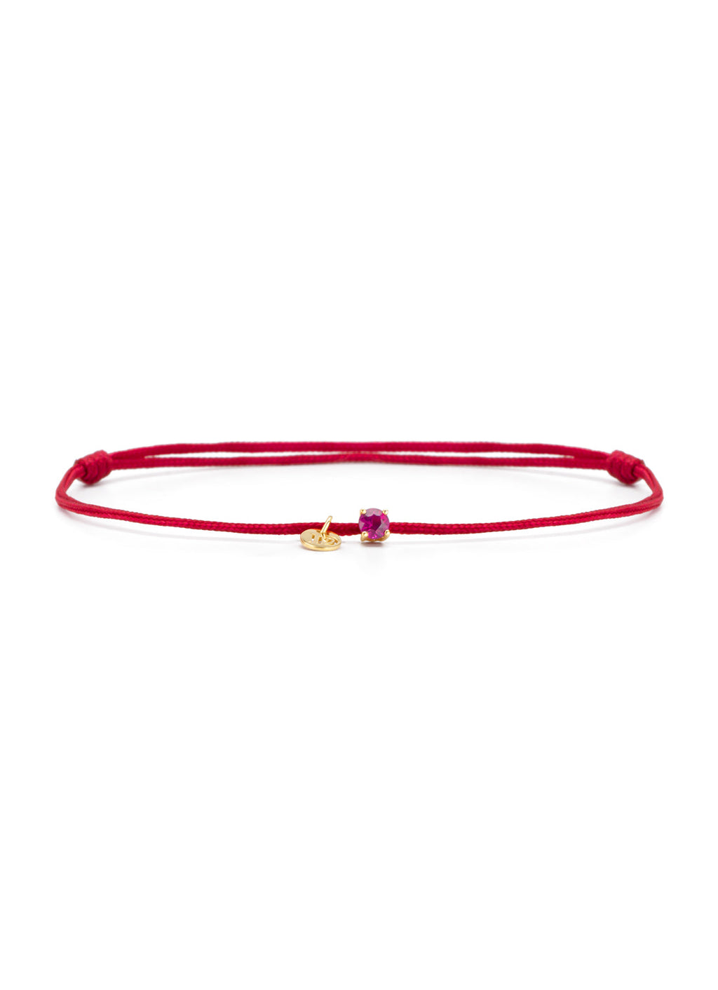 Red cord bracelet with ruby and yellow gold disc charm