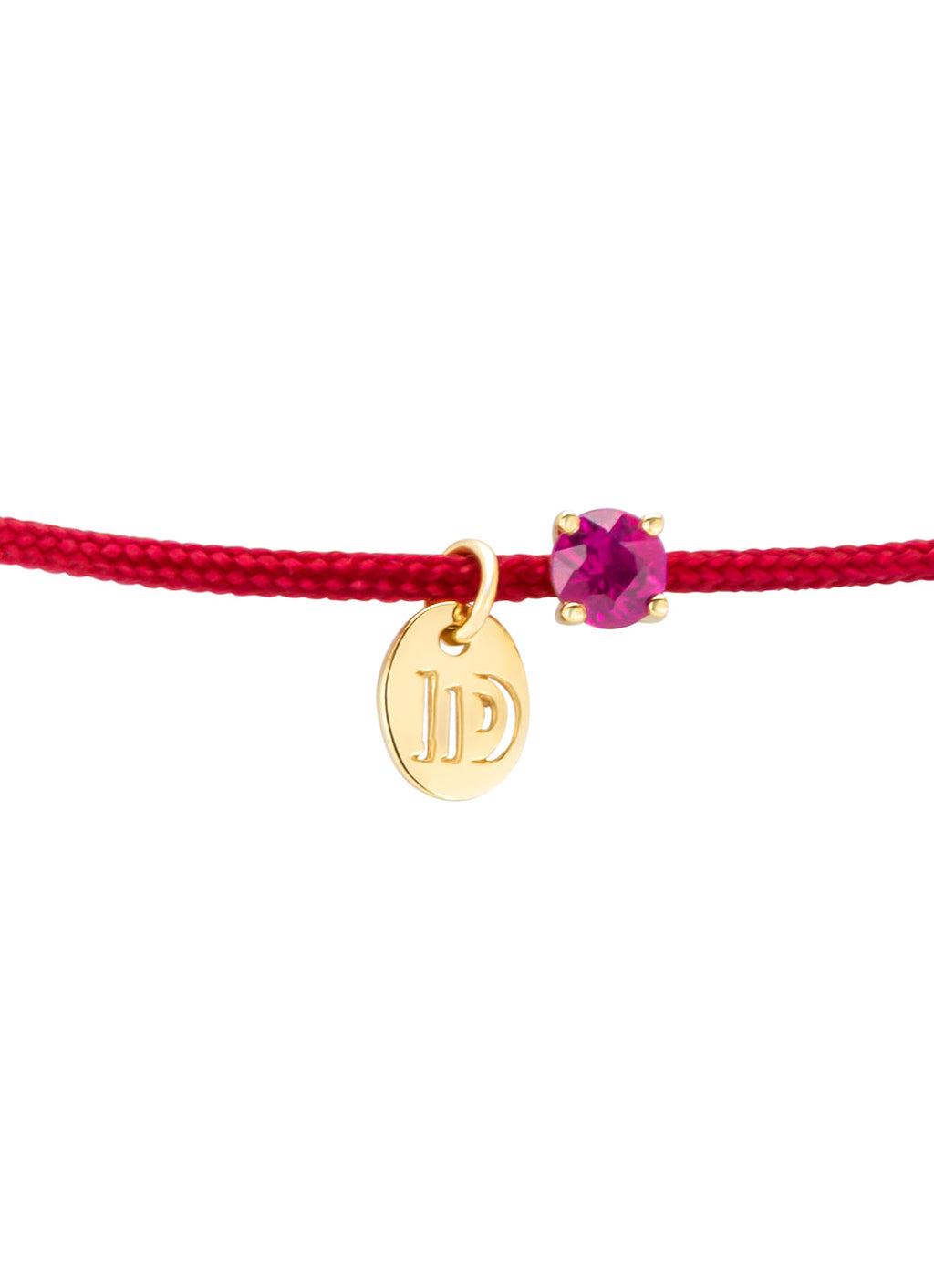 Red cord bracelet with ruby and yellow gold disc charm