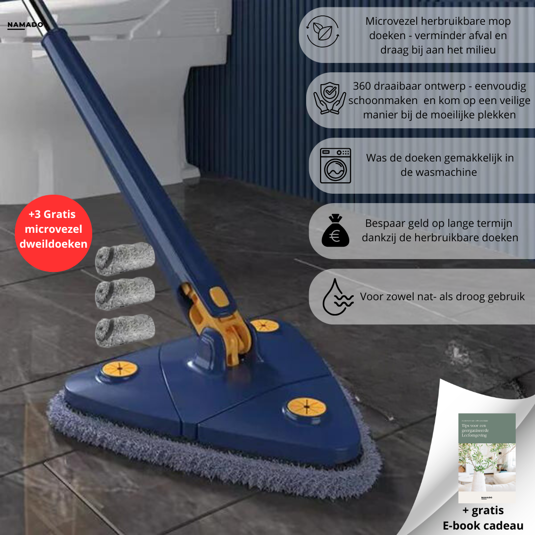 Blue 360-degree rotating floor mop with grey microfibre cloths