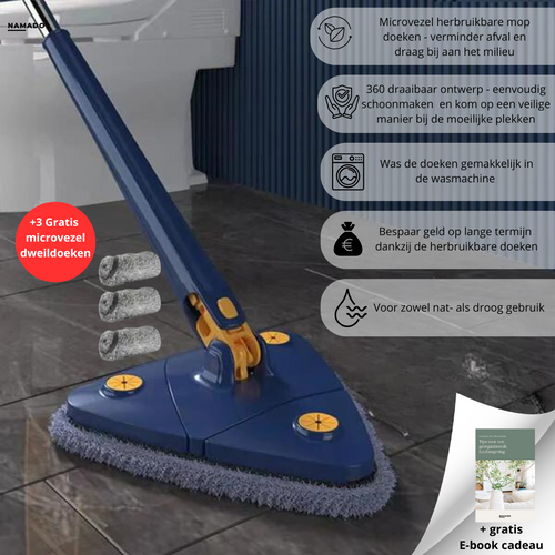 Blue 360-degree rotating floor mop with grey microfibre cloths