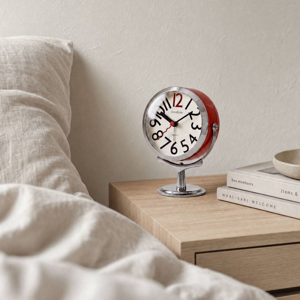 Freestanding analogue alarm clock with bold numbered dial and chrome effect stand