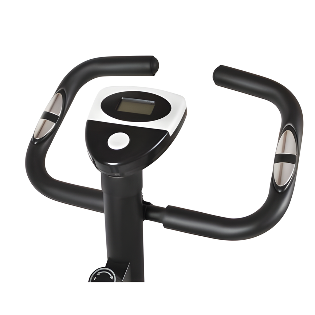 Black stationary exercise bike with adjustable seat, handlebars and pedal straps