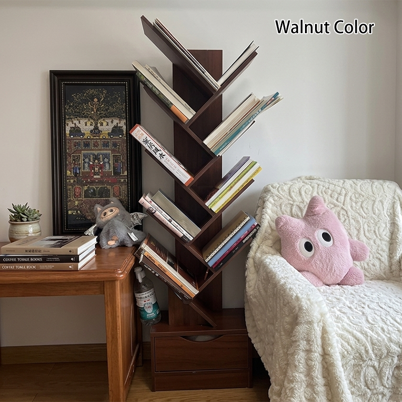 Rectangular tiered bookshelf with angled compartments and two storage drawers