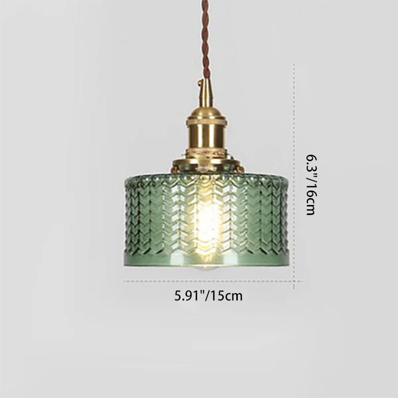 Round pendant light with patterned glass shade, brass finish and twisted hanging cord