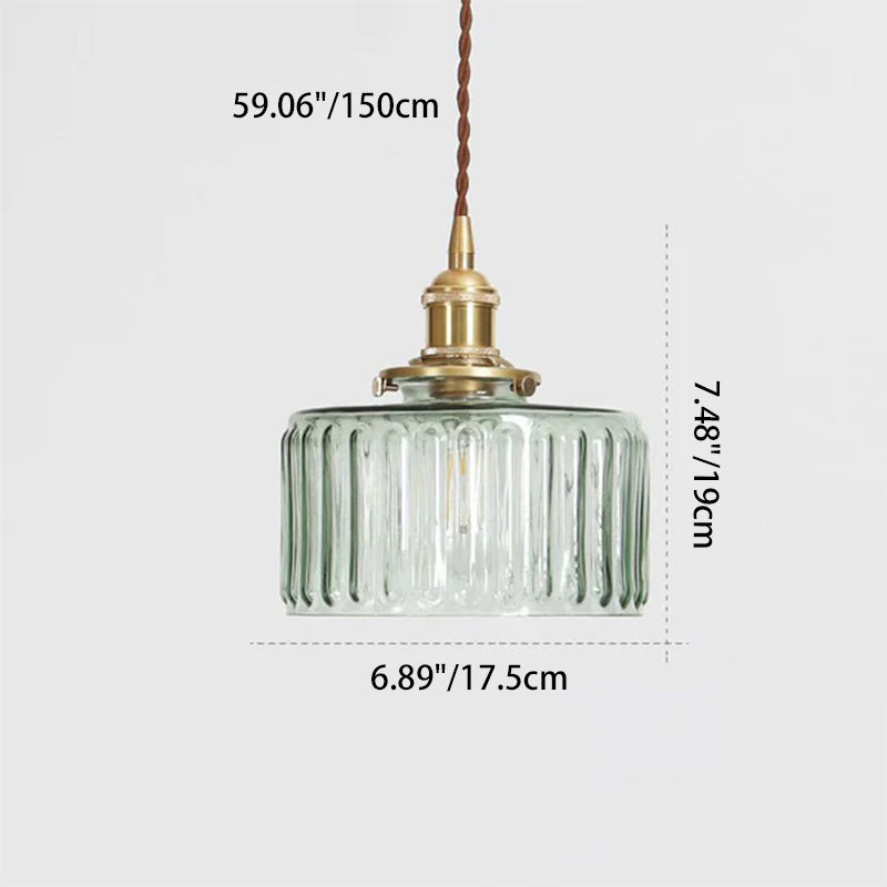 Round pendant light with patterned glass shade, brass finish and twisted hanging cord