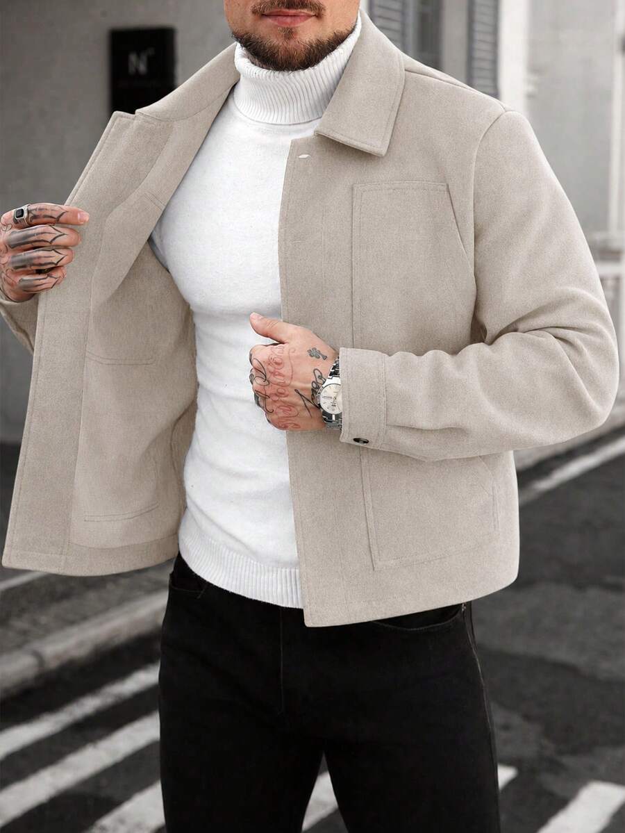 Collared button-front jacket with long sleeves and patch pockets