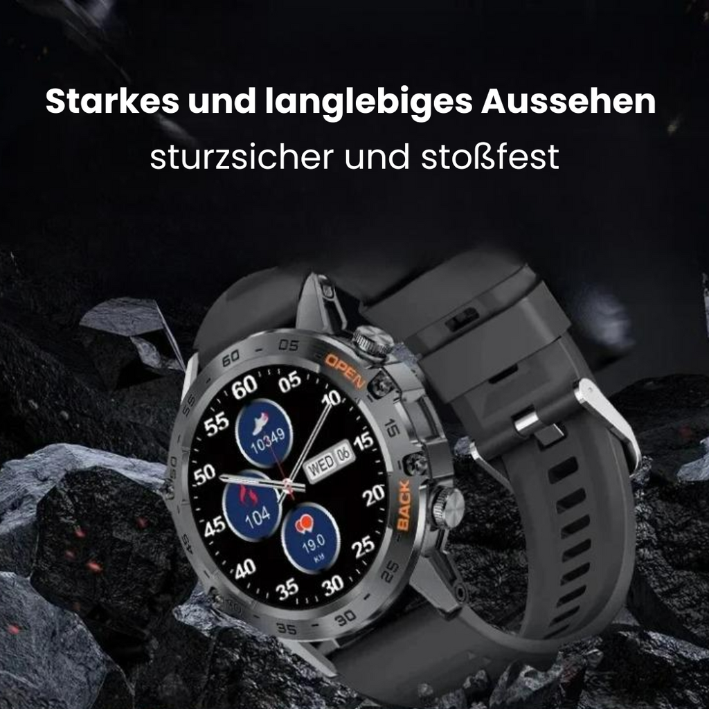 Smart fitness watch with round digital display and adjustable perforated strap