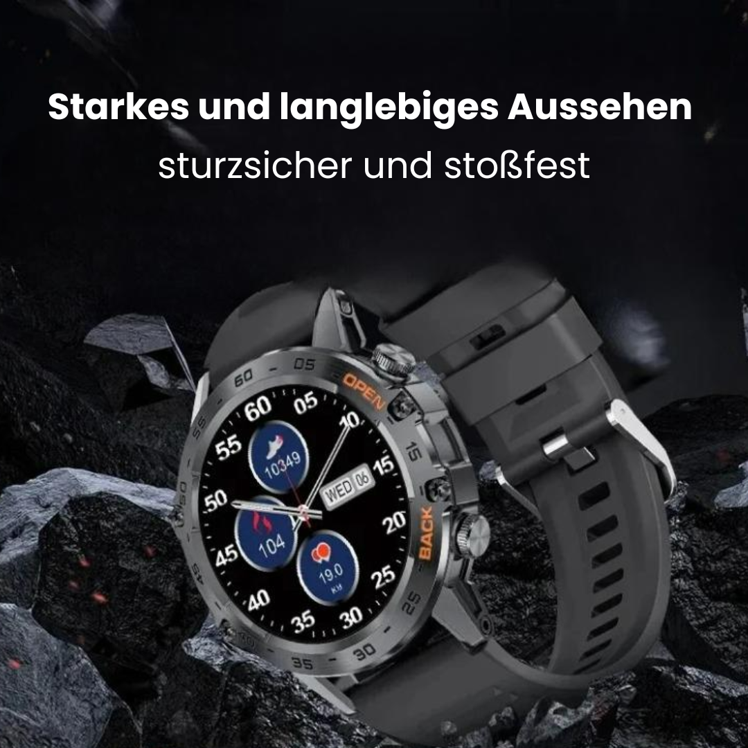 Smart fitness watch with round digital display and adjustable perforated strap