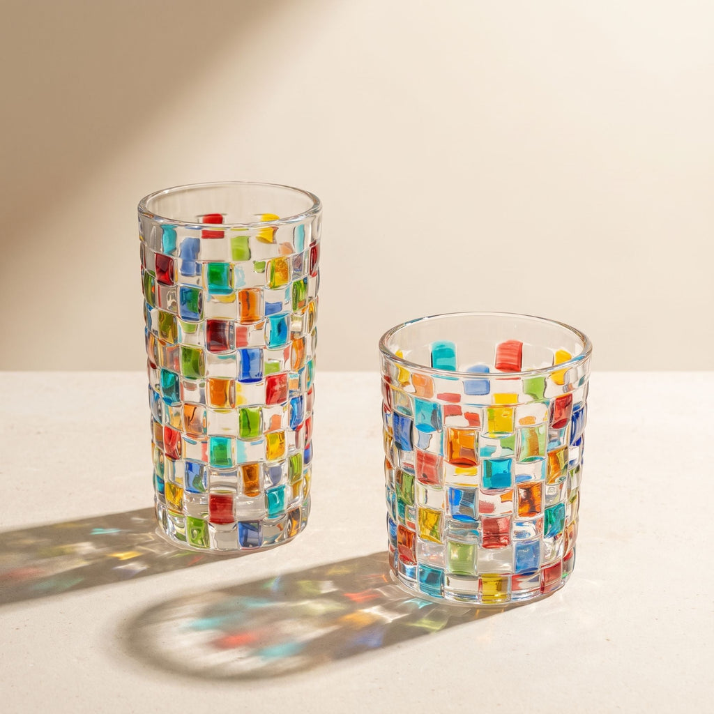 Clear glass tumbler with colourful hand-painted mosaic square design