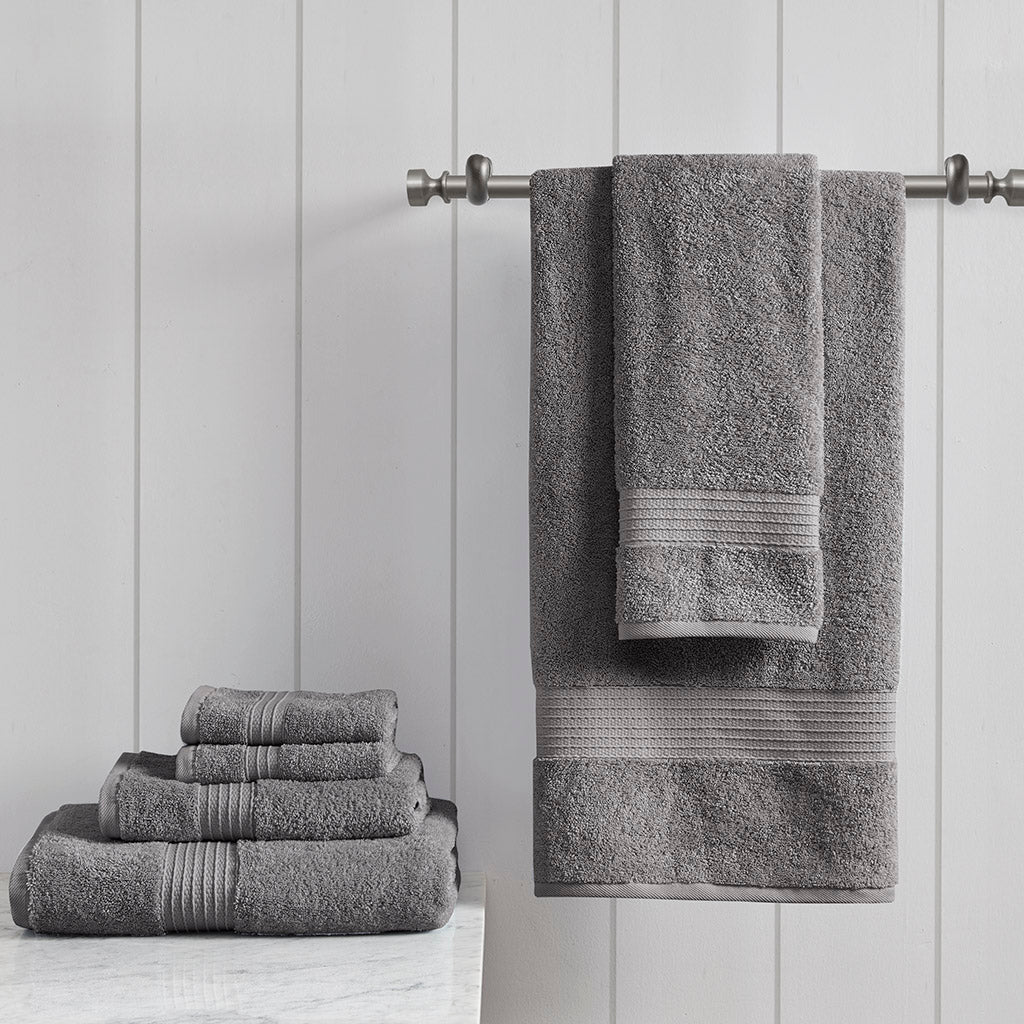 Six-piece textured towel set with ribbed border detailing