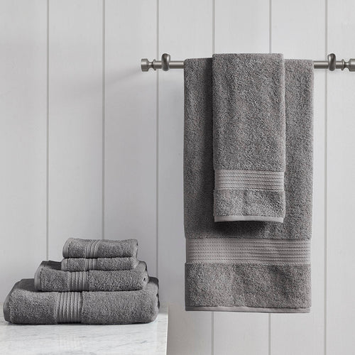 Six-piece textured towel set with ribbed border detailing