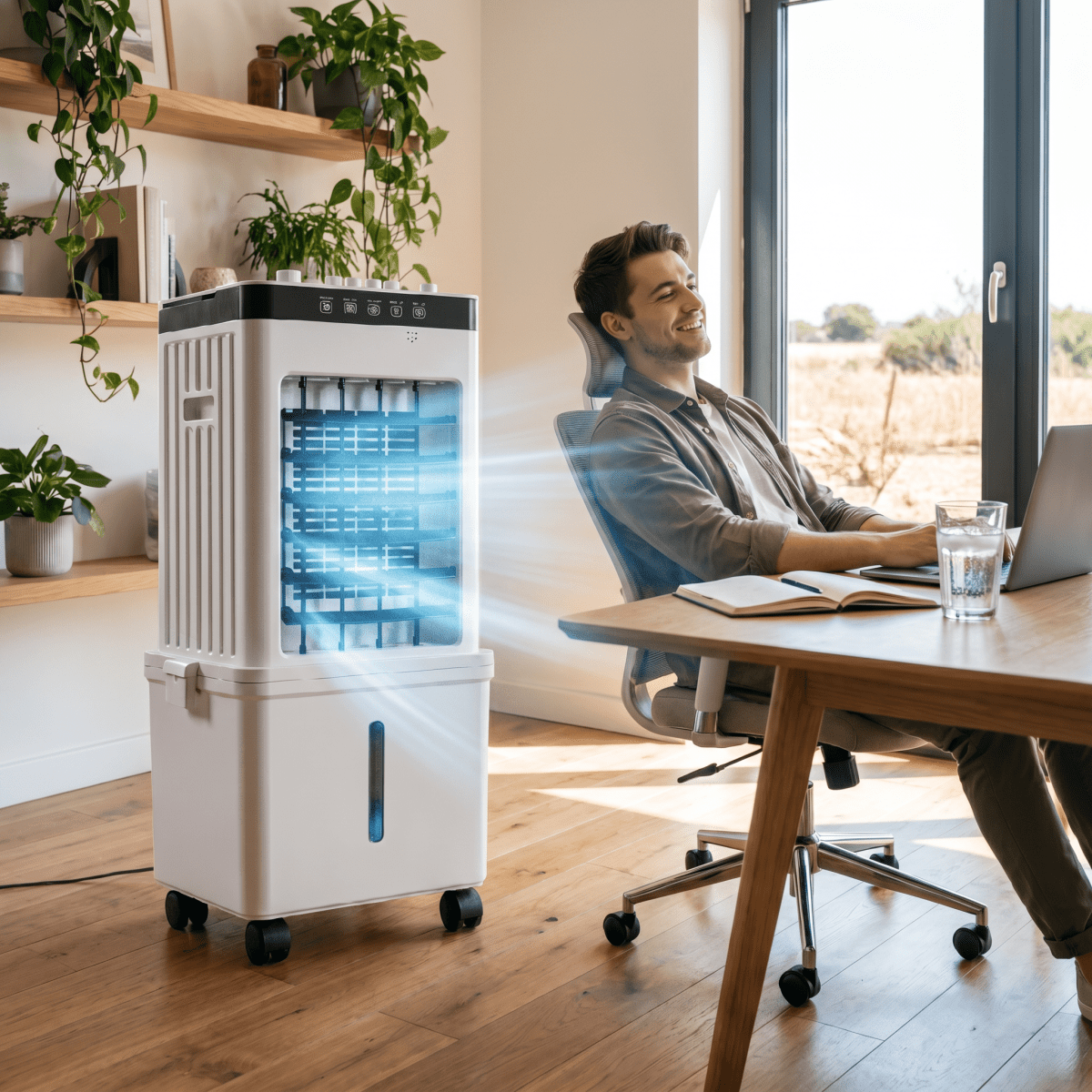 White portable air cooler with water tank, vents, control panel and wheels