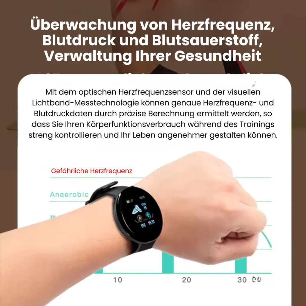 Round health and fitness smartwatch with HD display and sports mode