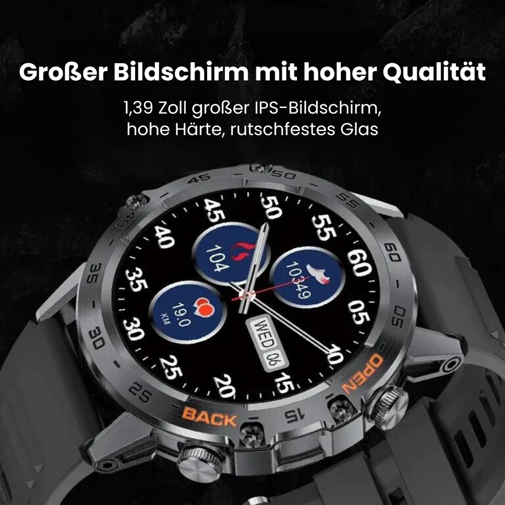 Smart fitness watch with round digital display and adjustable perforated strap