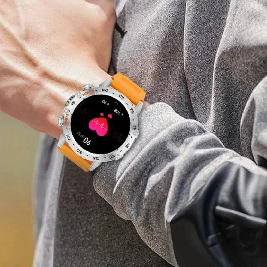 Smart fitness watch with round digital display and adjustable perforated strap