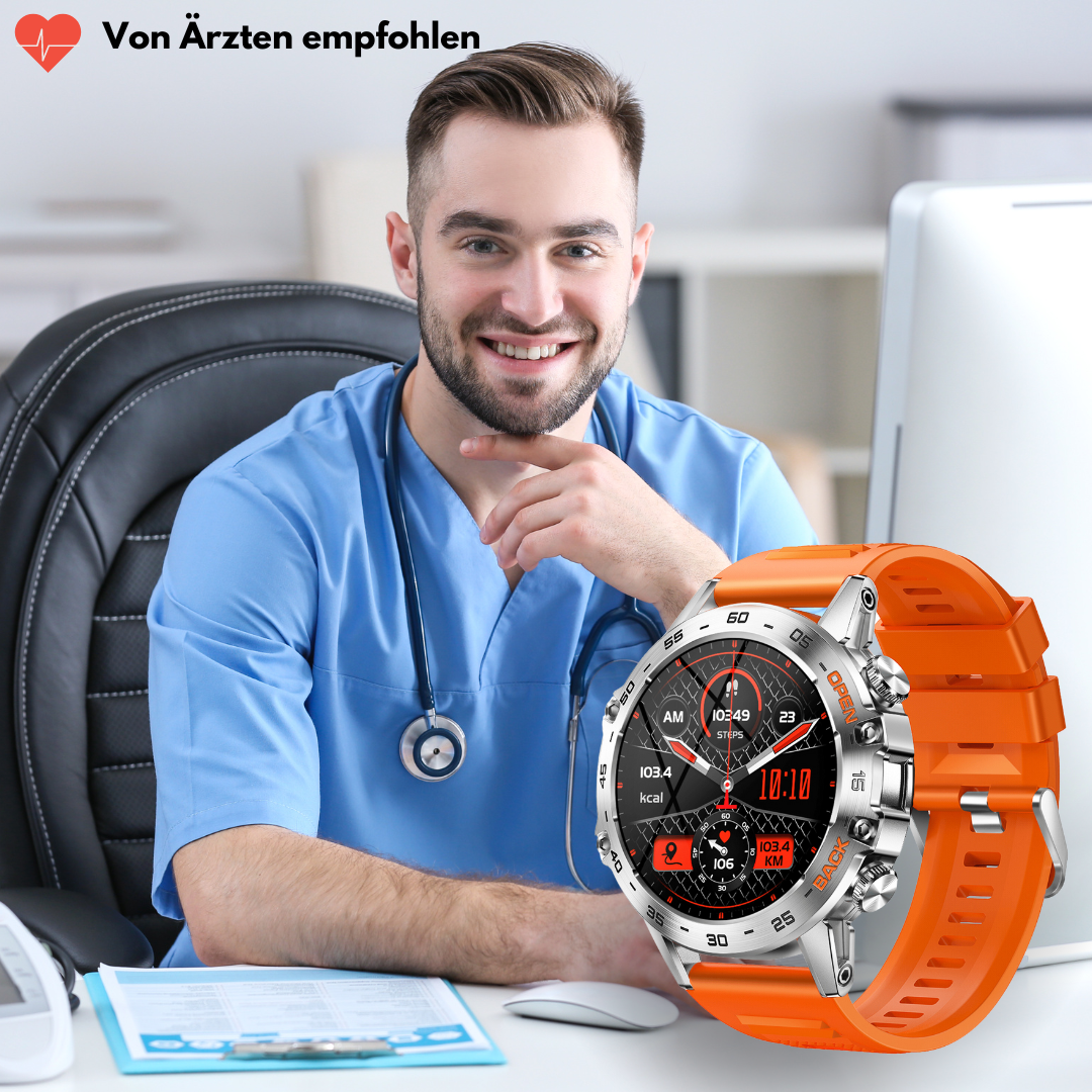Smart fitness watch with round digital display and adjustable perforated strap