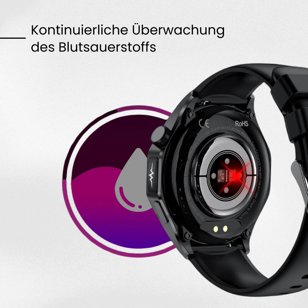 Black round smart health watch with SOS function and black wrist strap
