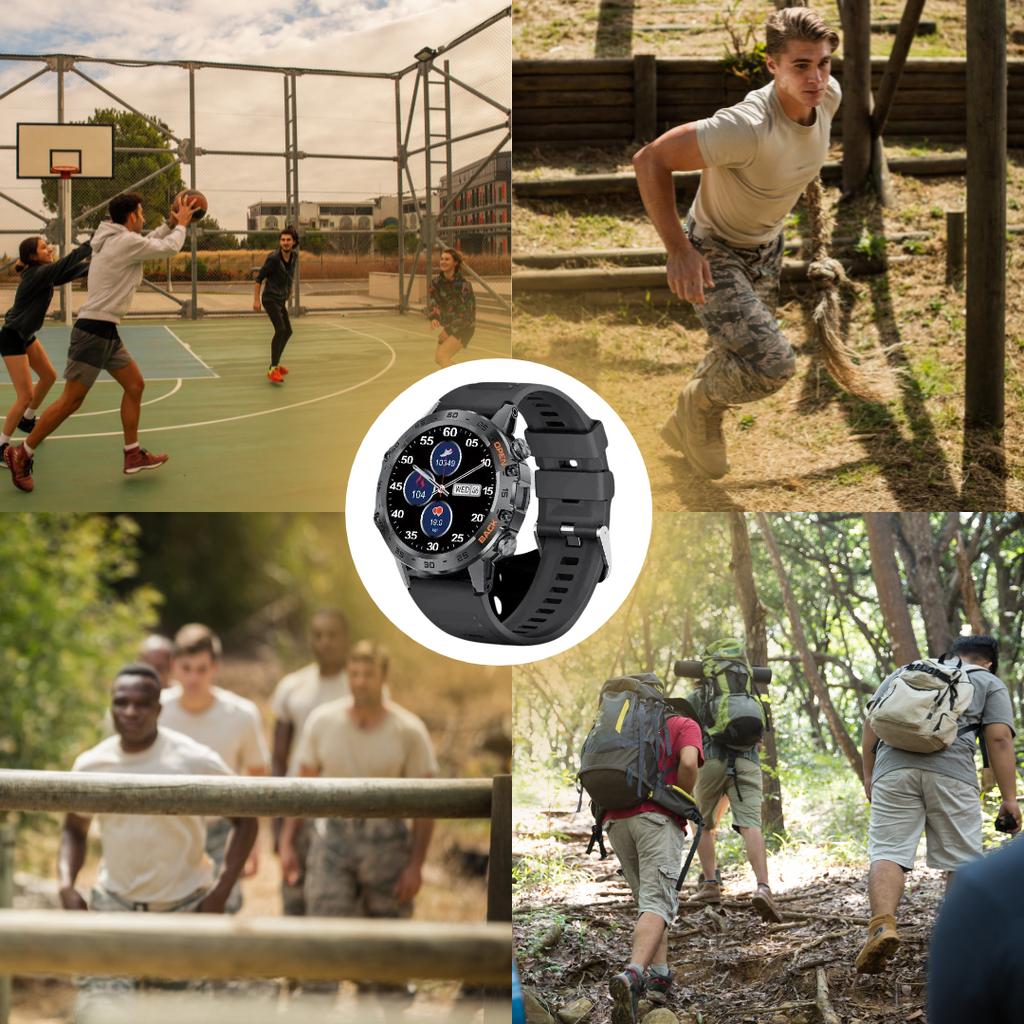 Smart fitness watch with round digital display and adjustable perforated strap