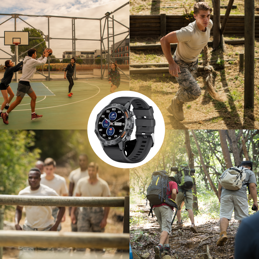 Smart fitness watch with round digital display and adjustable perforated strap