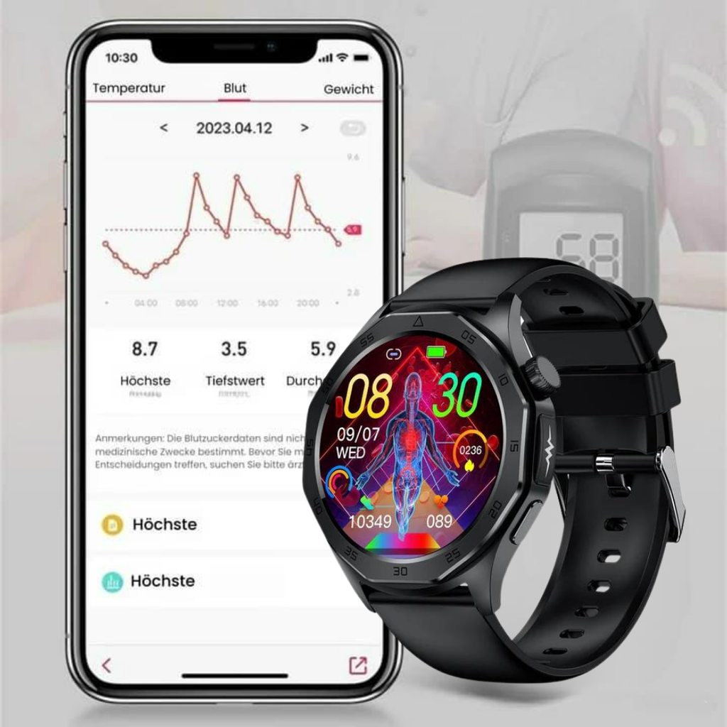 Black round smart health watch with SOS function and black wrist strap