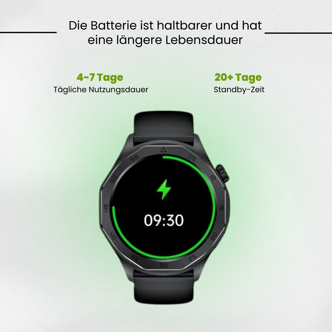 Black round smart health watch with SOS function and black wrist strap