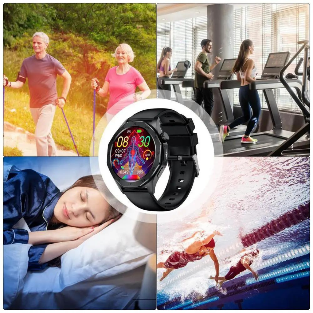 Black round smart health watch with SOS function and black wrist strap