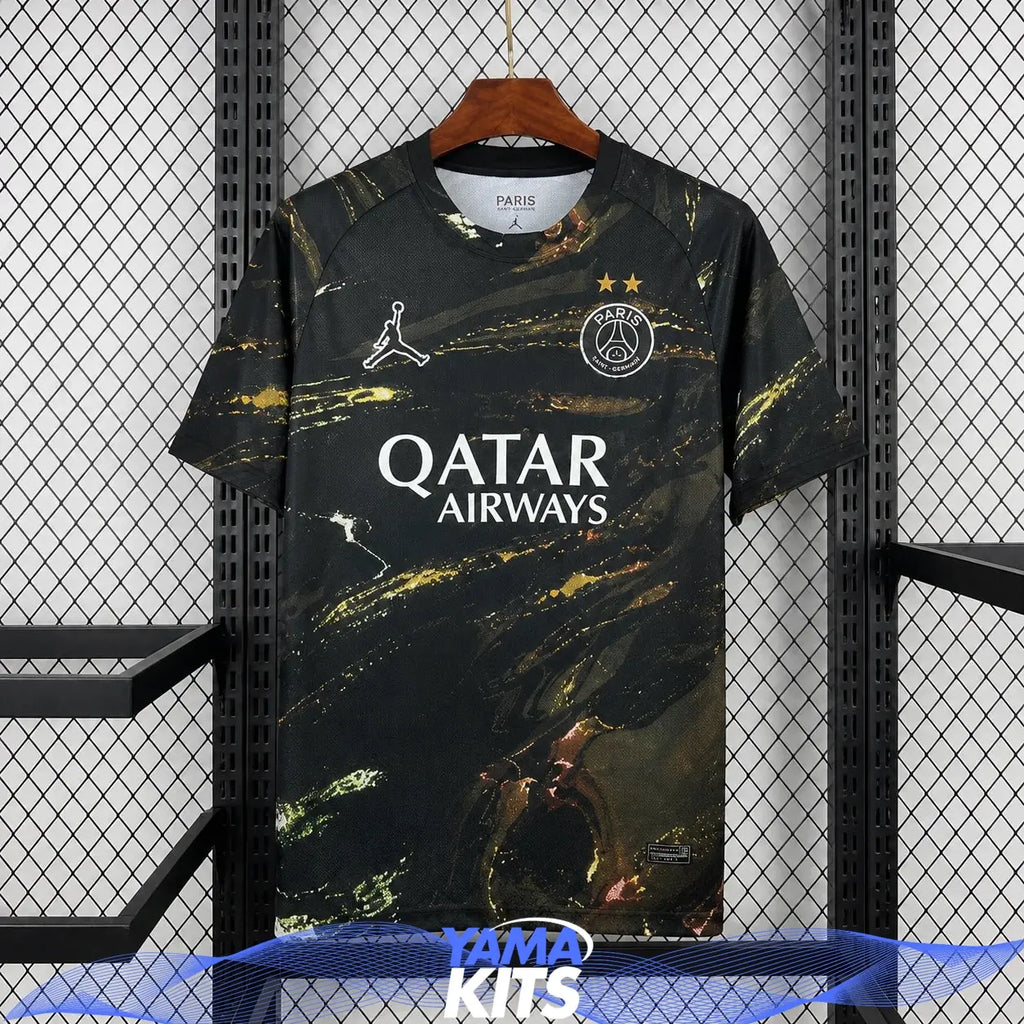 Black Paris football jersey with abstract gold print and short sleeves