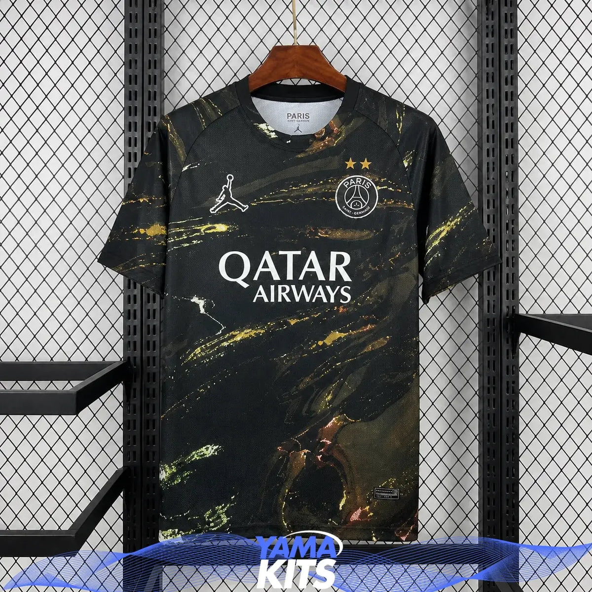 Black Paris football jersey with abstract gold print and short sleeves