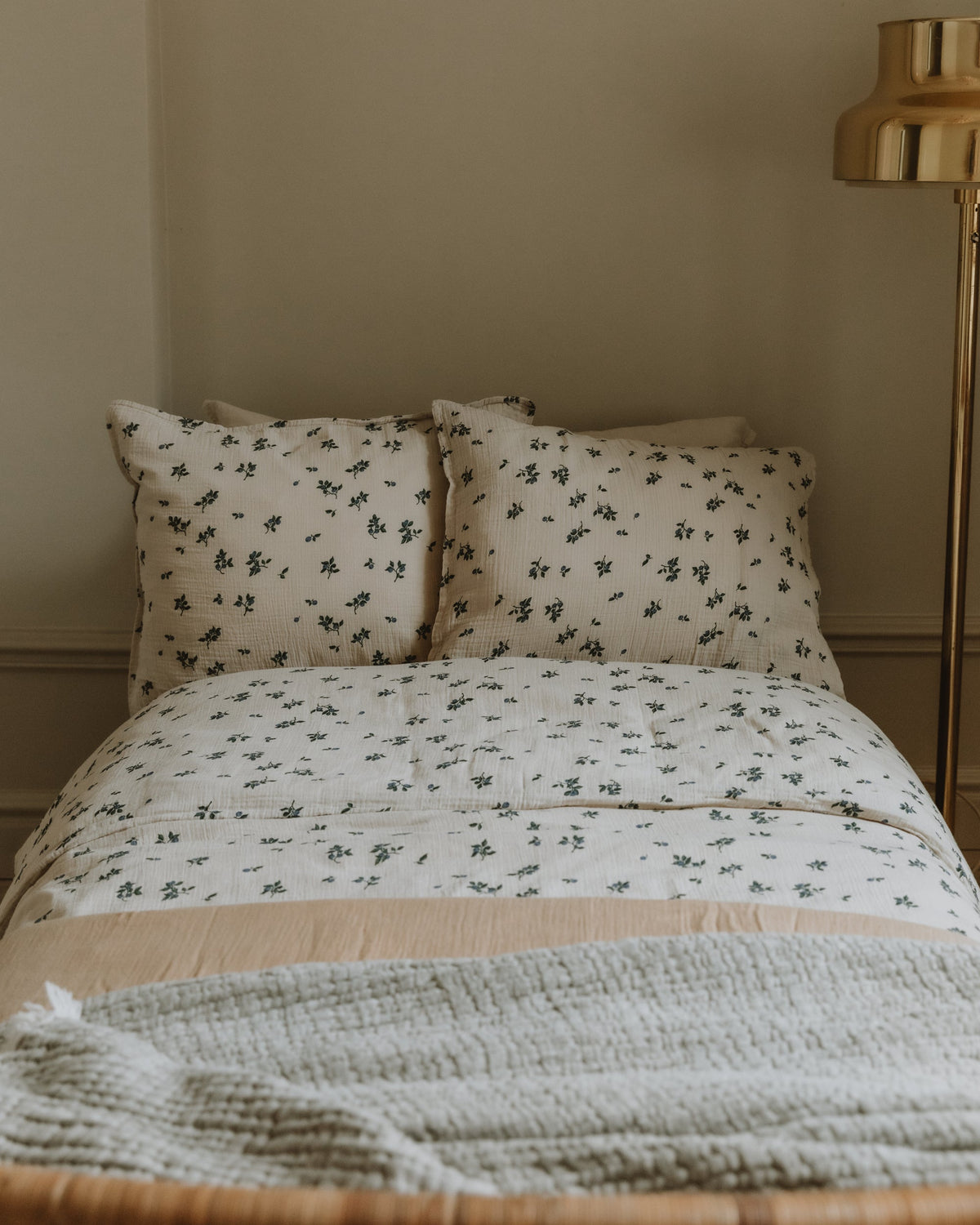 Blue floral muslin pillowcase with a softly textured finish