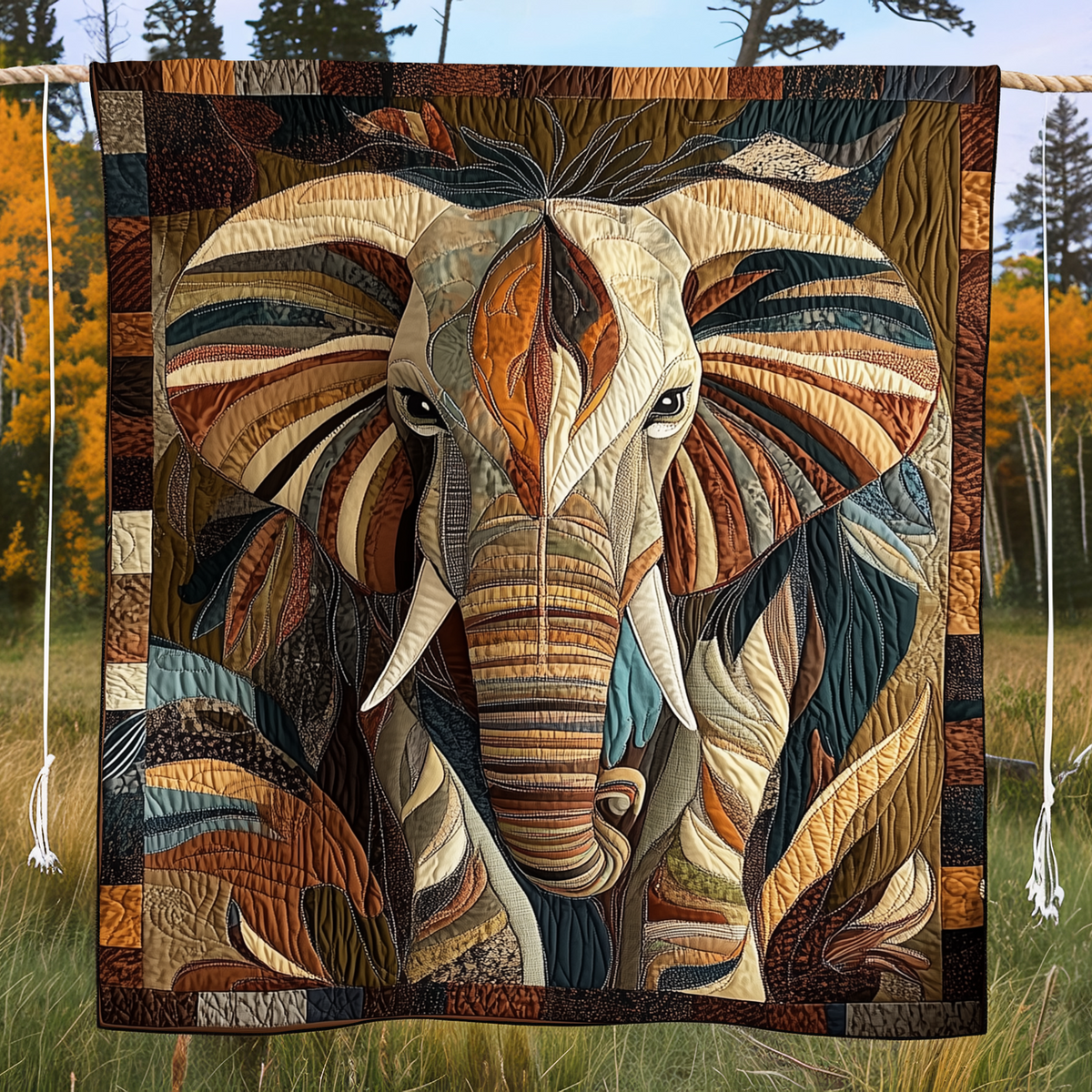 Multicoloured quilted blanket with an elephant patchwork design