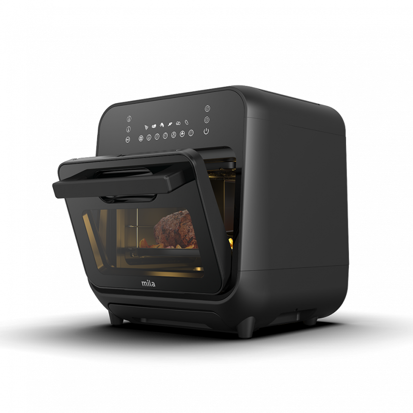 Black 15 litre steam air fryer with digital controls and viewing window