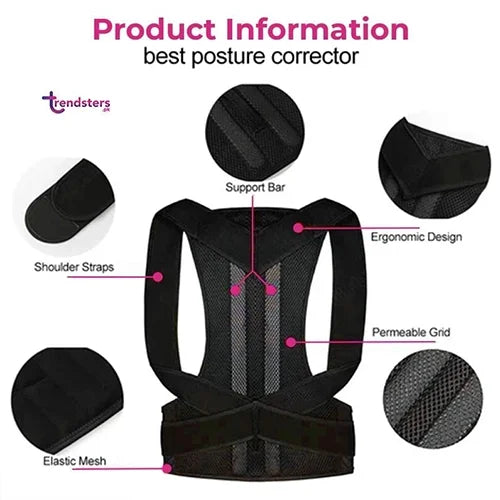 Black adjustable posture support belt with shoulder straps and mesh back panels