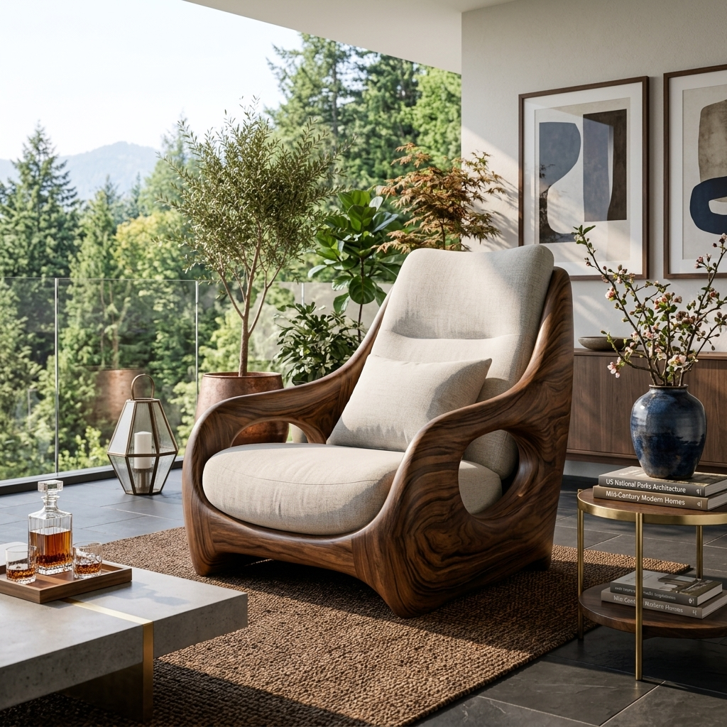 Organic curved armchair with sculpted frame and upholstered seat