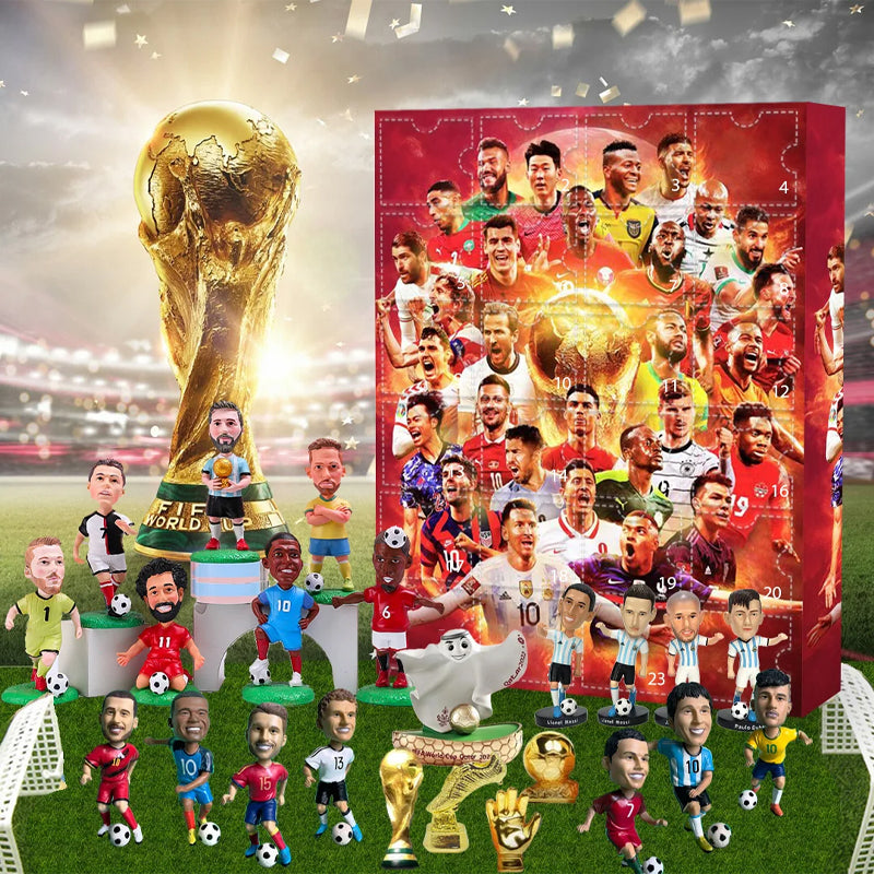 Red football advent calendar with 24 numbered doors and player graphics
