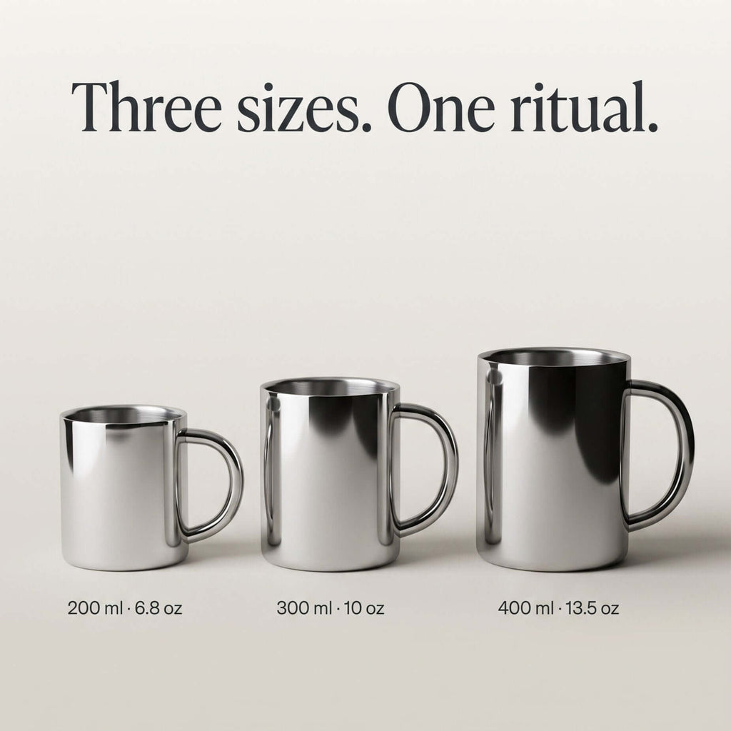Glossy silver double-layer stainless steel cup with curved handle