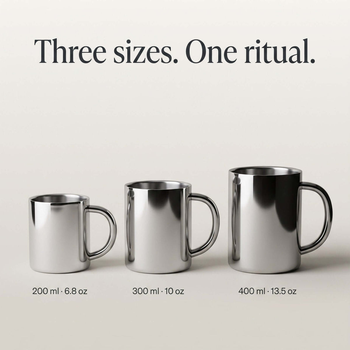 Glossy silver double-layer stainless steel cup with curved handle