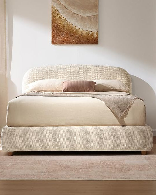 Beige queen lift-up storage bed frame with rounded upholstered headboard