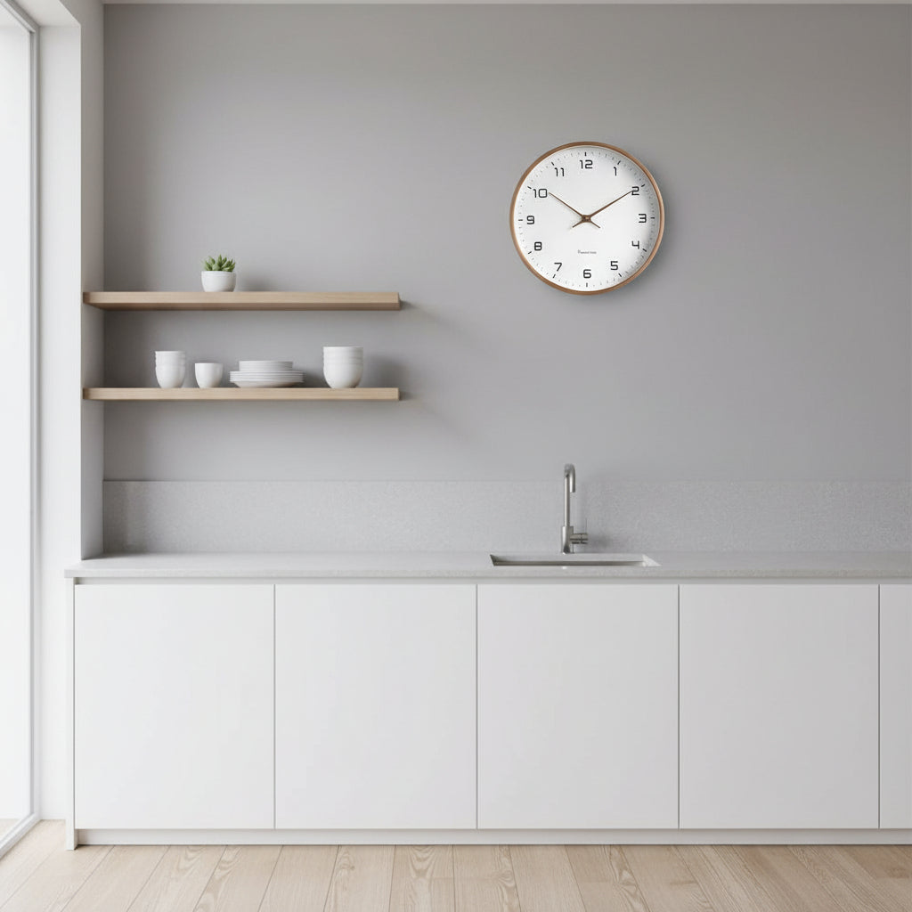 Round minimalist wall clock with large dark numerals and slim hands