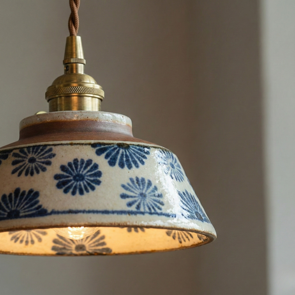 Patterned pendant lamp with tapered shade and twisted hanging cord